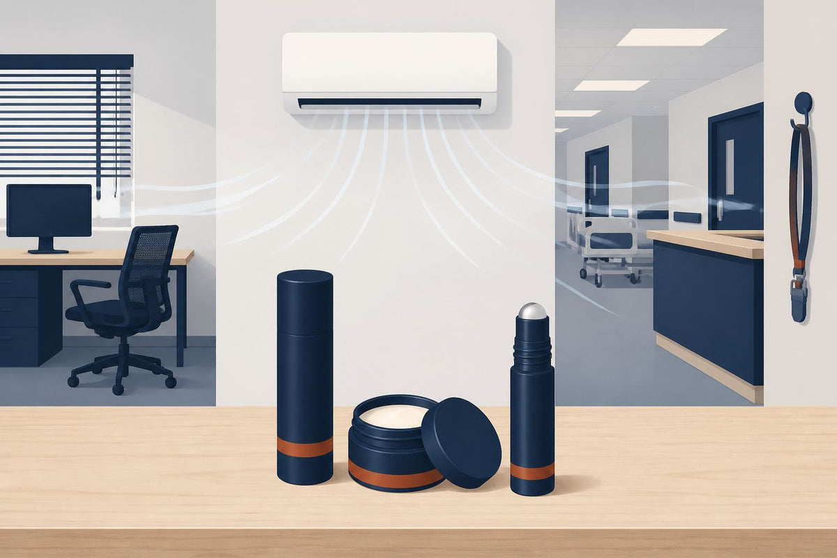 Illustration of an office and a hospital ward under air conditioning, with Trail Armour lip care products on the counter